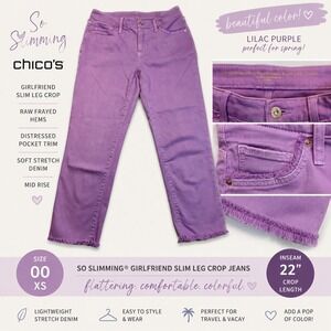 Chico's So Slimming Girlfriend Slim Leg Crop Jeans Purple Frayed Hem 2 XS